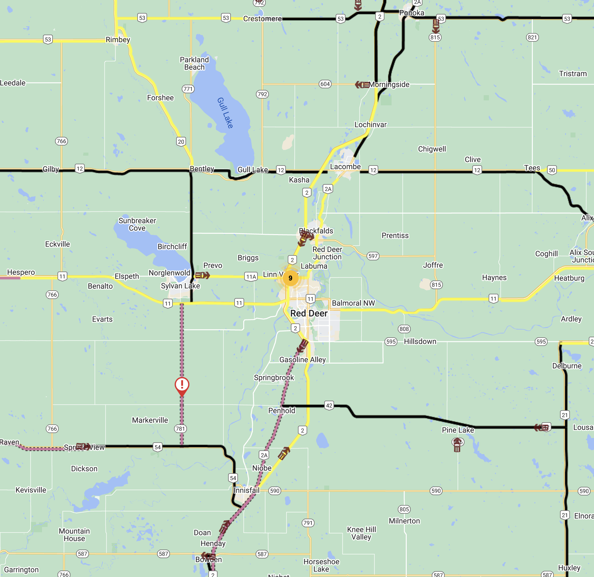 Icy road conditions south of Red Deer on QEII